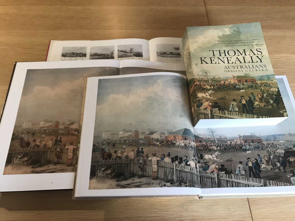(Author photo) Books showing Gill's panorama of Sturt's Departure